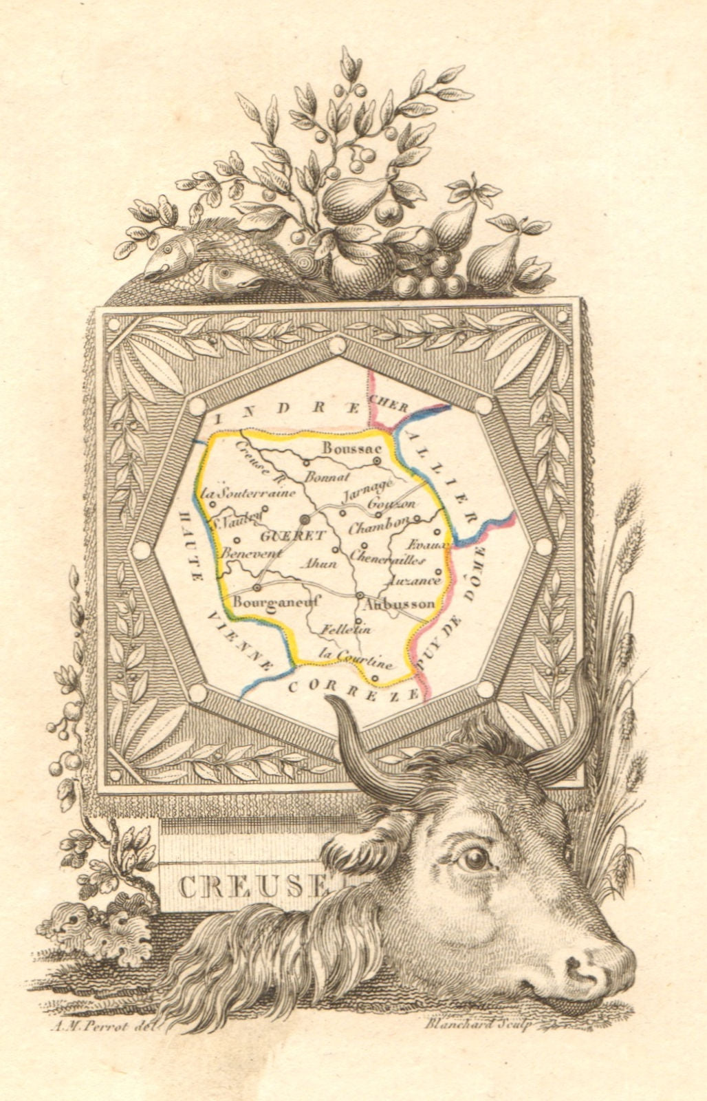 CREUSE département. Scarce antique map/carte by A.M. PERROT 1823 old